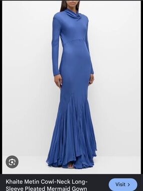 KHAITE Periwinkle Cowl-Neck Long-Sleeve Pleated Mermaid Dress